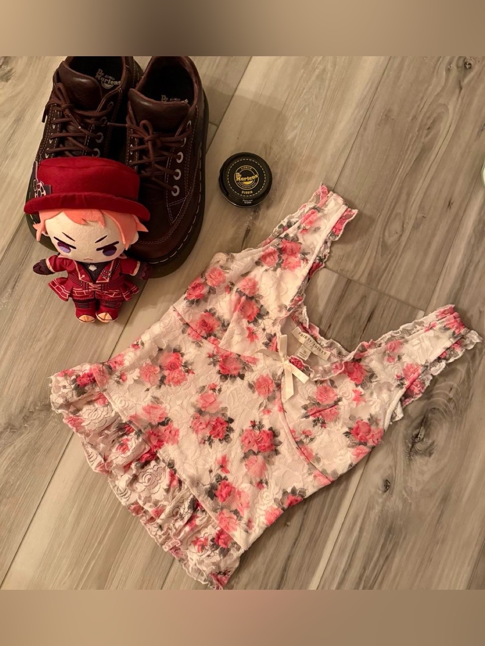 Floral Lace Ruffle Tank Top - Pink Cream